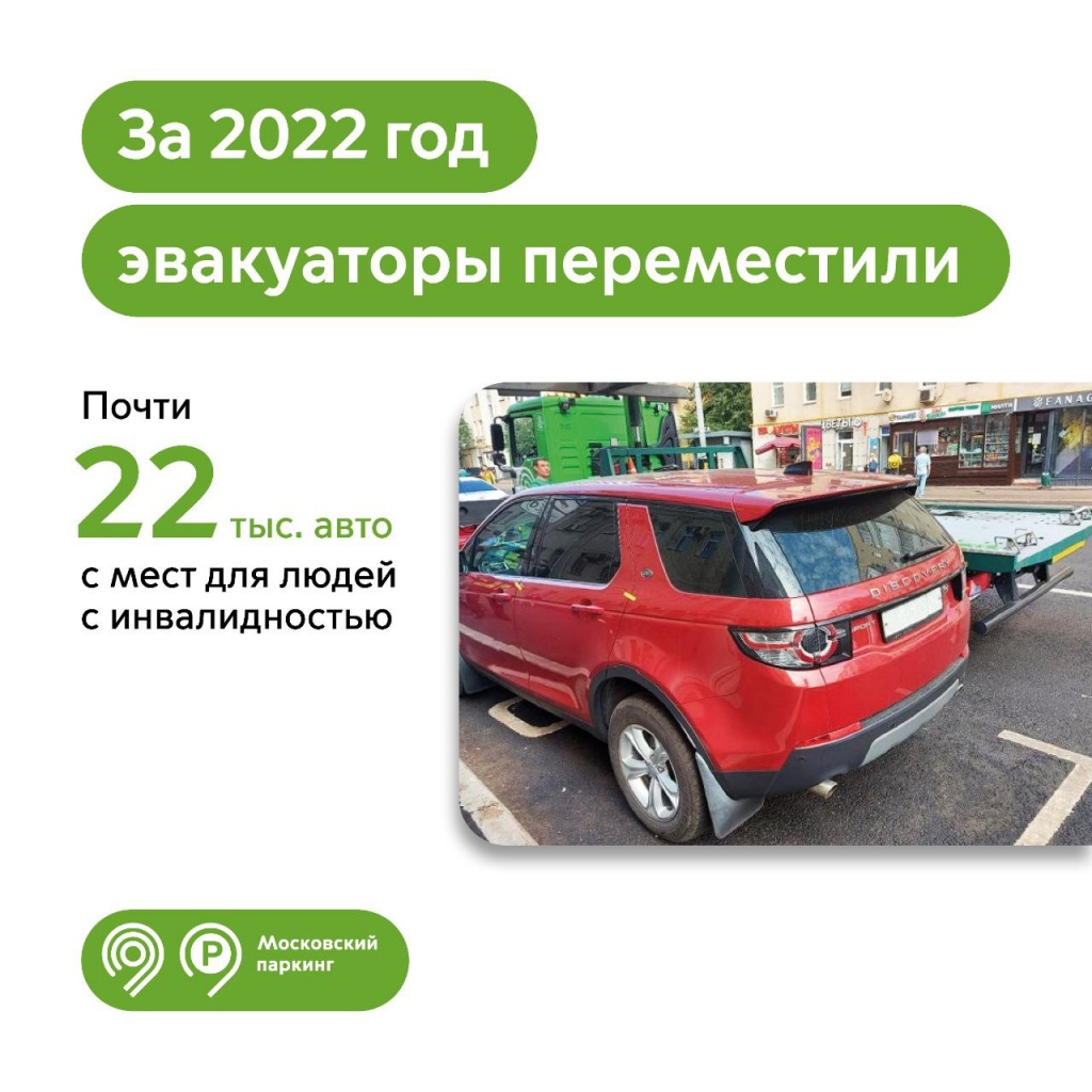 За 2022 год эвакуаторы «Московского паркинга» переместили почти 22 тыс.  автомобилей-нарушителей с мест для людей с инвалидностью